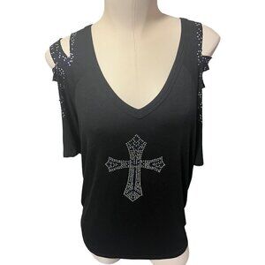 liberty wear cross black short sleeve top w cut out retro sleeves and jeweled lo
